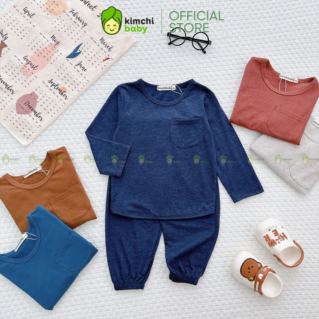Bộ Dài Tay Cho Bé Gái, Bé Trai KIMCHIBABY Vải Cotton Hoạ Tiết Túi Ngực Basic, Đồ Bộ Cho Bé Mặc Nhà Thu Đông KCTD321