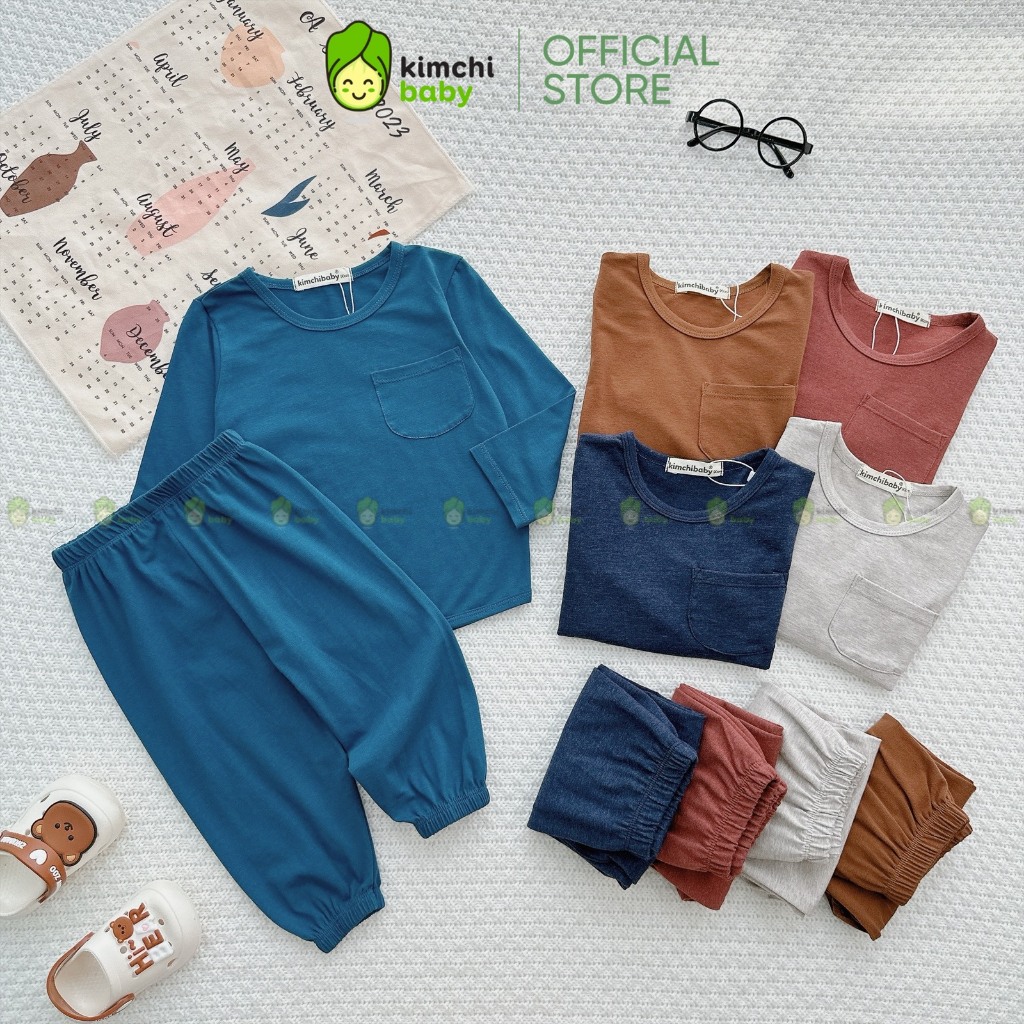 Bộ Dài Tay Cho Bé Gái, Bé Trai KIMCHIBABY Vải Cotton Hoạ Tiết Túi Ngực Basic, Đồ Bộ Cho Bé Mặc Nhà Thu Đông KCTD321