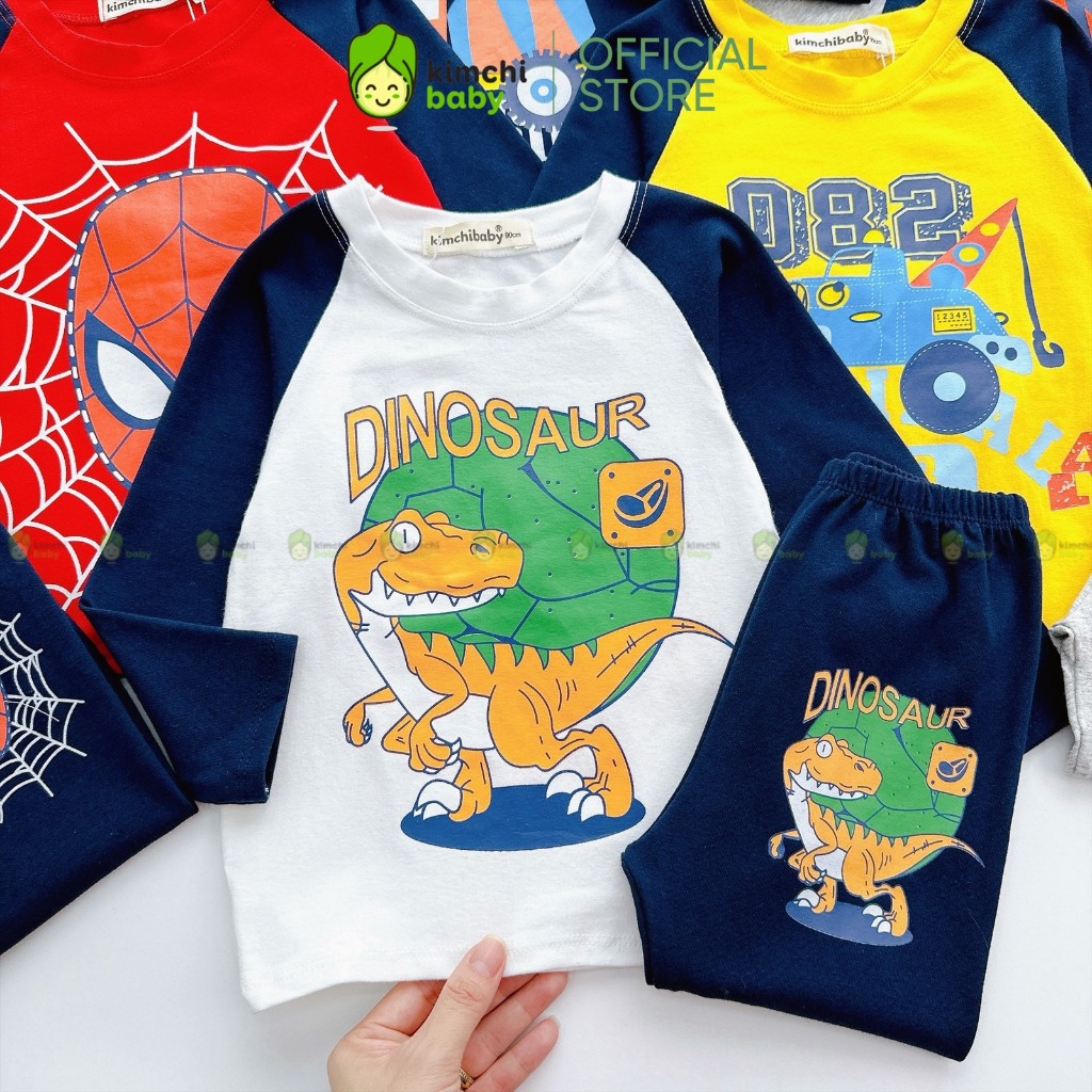 Bộ Dài Tay Cho Bé Trai KIMCHIBABY Vải Cotton Dư Xịn Hoạ Tiết Khủng Long Tay Giáp Lăng, Đồ Bộ Cho Bé Mặc Nhà KCTD320