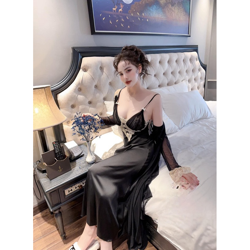 SP.472 Set váy hai dây lụa kèm áo choàn von LYLY cao cấp dáng dài có kèm đệm