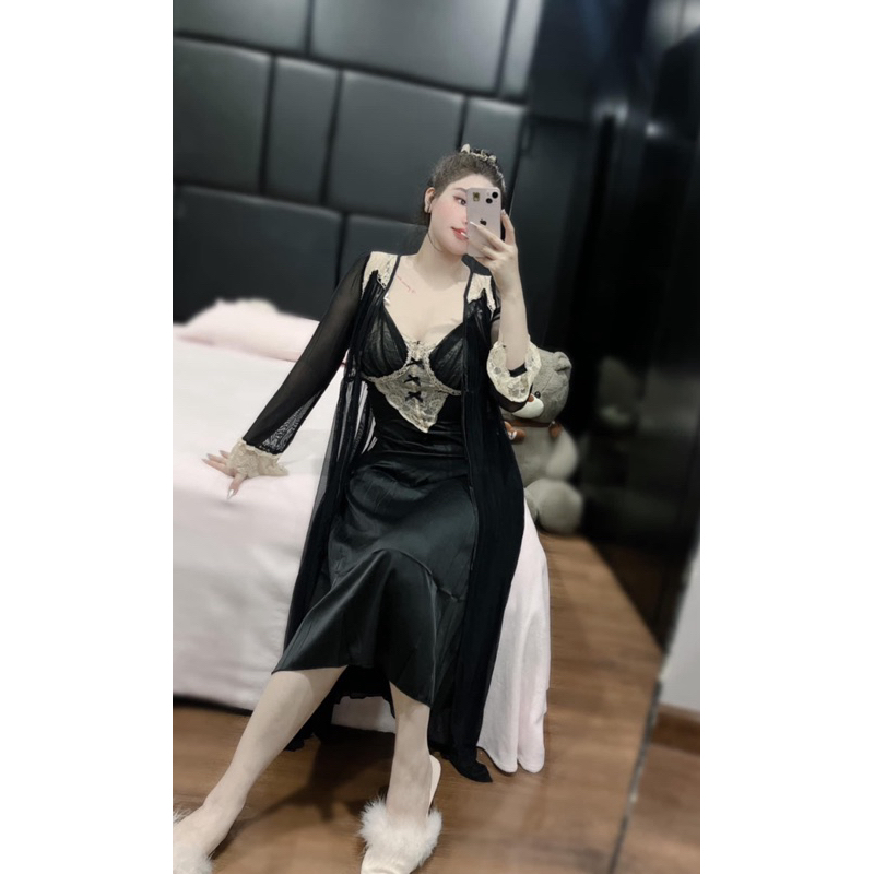 SP.472 Set váy hai dây lụa kèm áo choàn von LYLY cao cấp dáng dài có kèm đệm