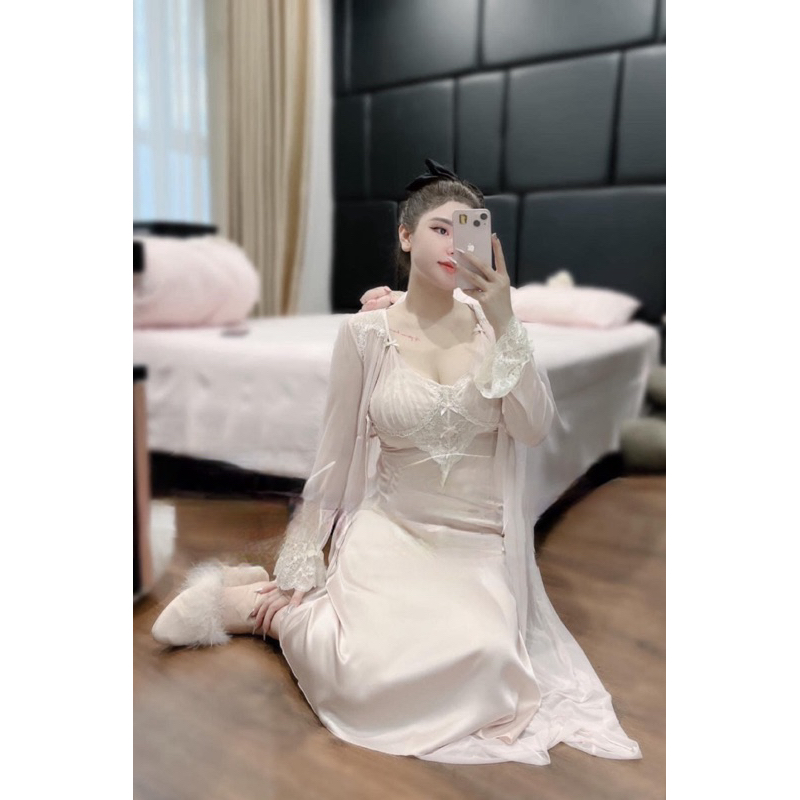 SP.472 Set váy hai dây lụa kèm áo choàn von LYLY cao cấp dáng dài có kèm đệm