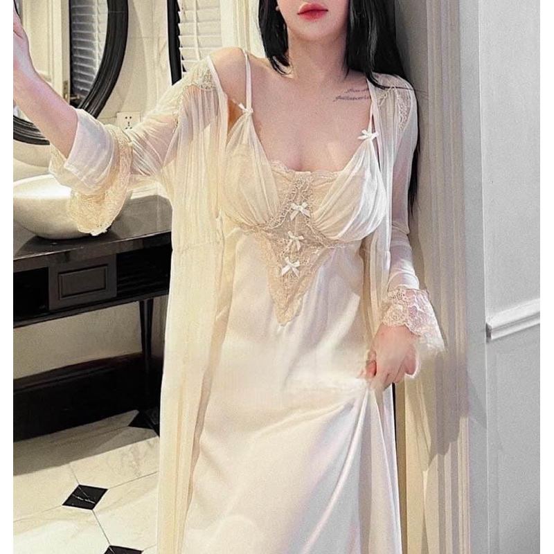 SP.472 Set váy hai dây lụa kèm áo choàn von LYLY cao cấp dáng dài có kèm đệm