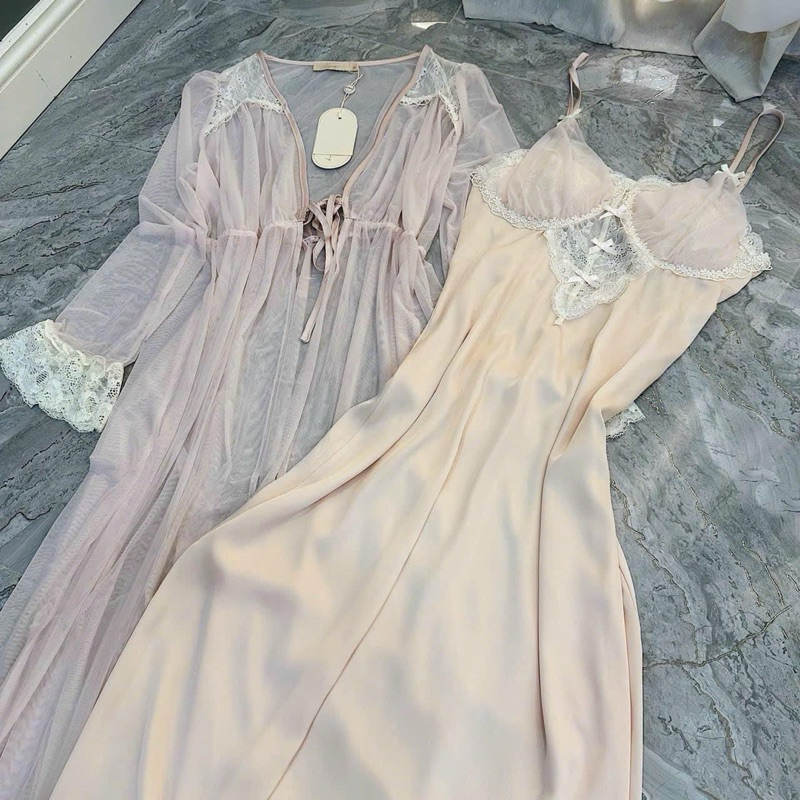 SP.472 Set váy hai dây lụa kèm áo choàn von LYLY cao cấp dáng dài có kèm đệm