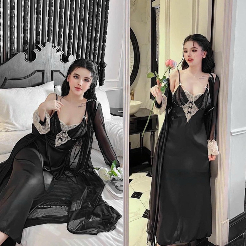 SP.472 Set váy hai dây lụa kèm áo choàn von LYLY cao cấp dáng dài có kèm đệm