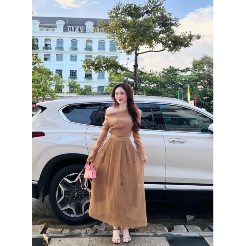 Đầm Xoè Lệch Vai Midi Dáng Dài 3 Màu