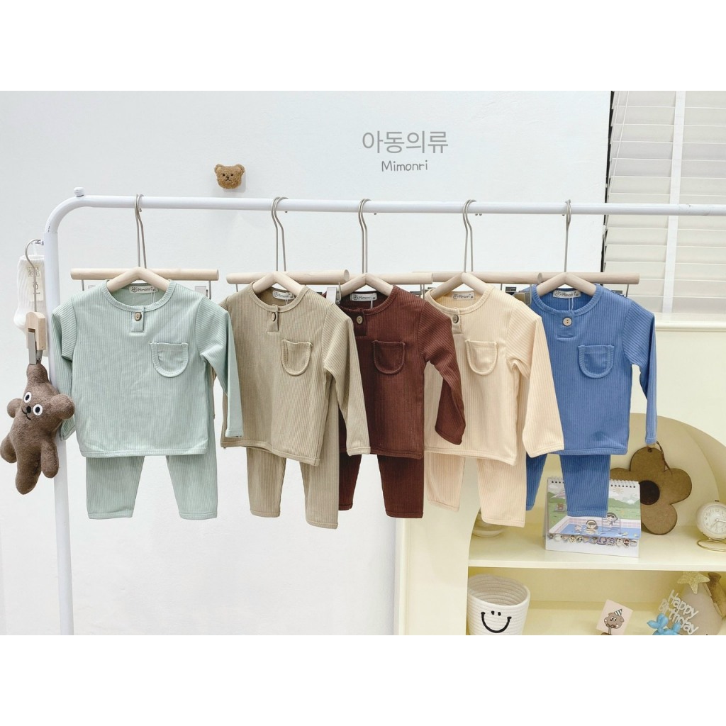 Bộ gân tăm dài tay túi ngực mặc thu đông cho bé, bộ thun tăm dài tay cho bé trai bé gái