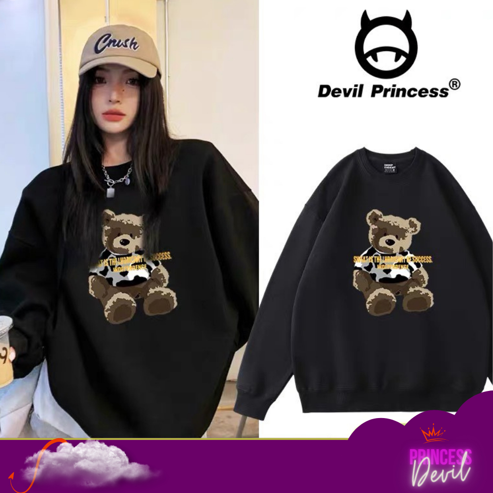 Áo sweater nam nữ nỉ bông in hình gấu dễ thương DELIZ nỉ cổ tròn dài tay ấm áp DEVIL PRINCESS