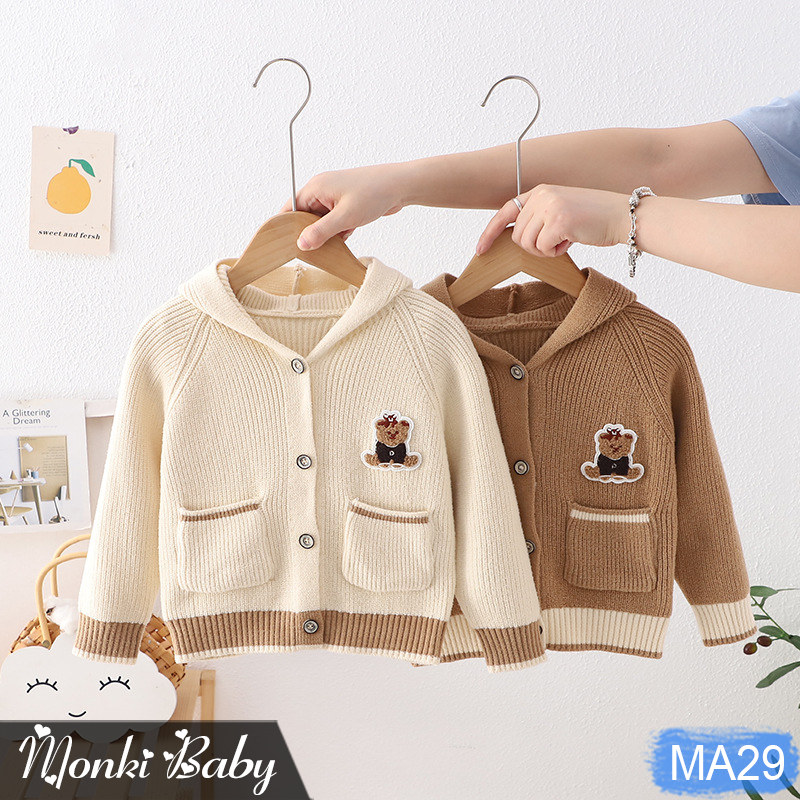 Áo khoác len cardigan dài tay liền mũ bé trai, mẫu cao cấp, chất len dày mịn đẹp, 2 túi trước thời trang, tinh tế | MA29