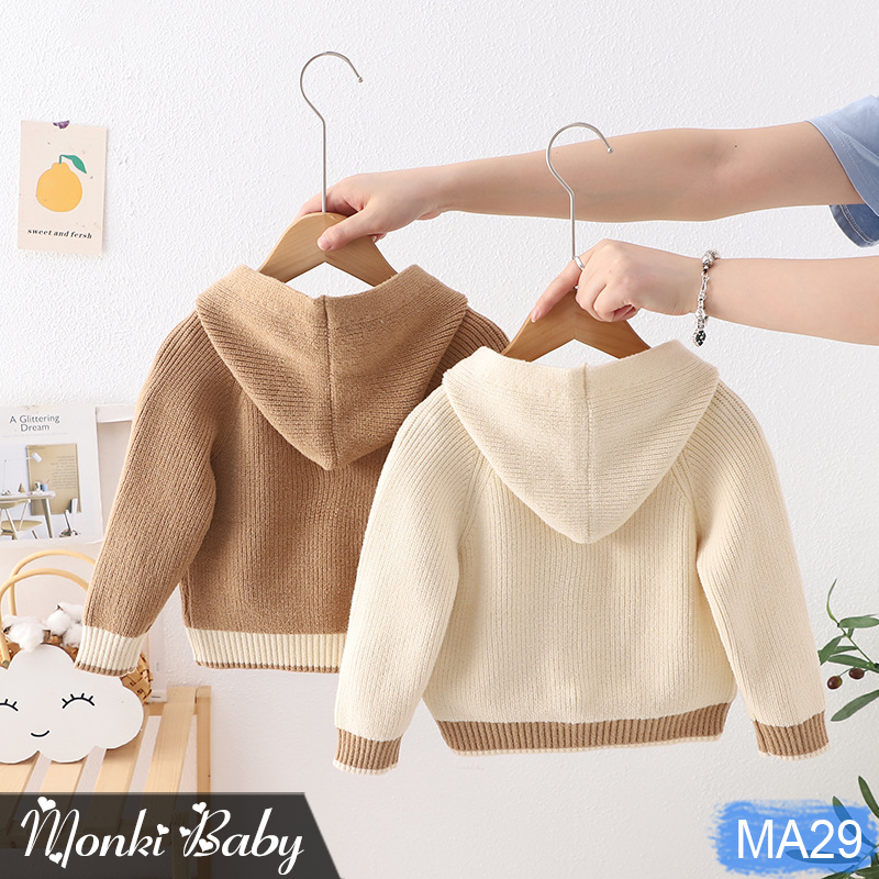 Áo khoác len cardigan dài tay liền mũ bé trai, mẫu cao cấp, chất len dày mịn đẹp, 2 túi trước thời trang, tinh tế | MA29