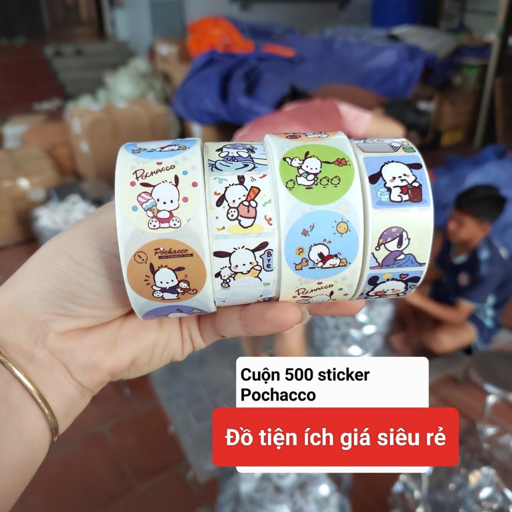 Cuộn 500 sticker hoạt hình Gấu dâu/Maruko/Pochacco