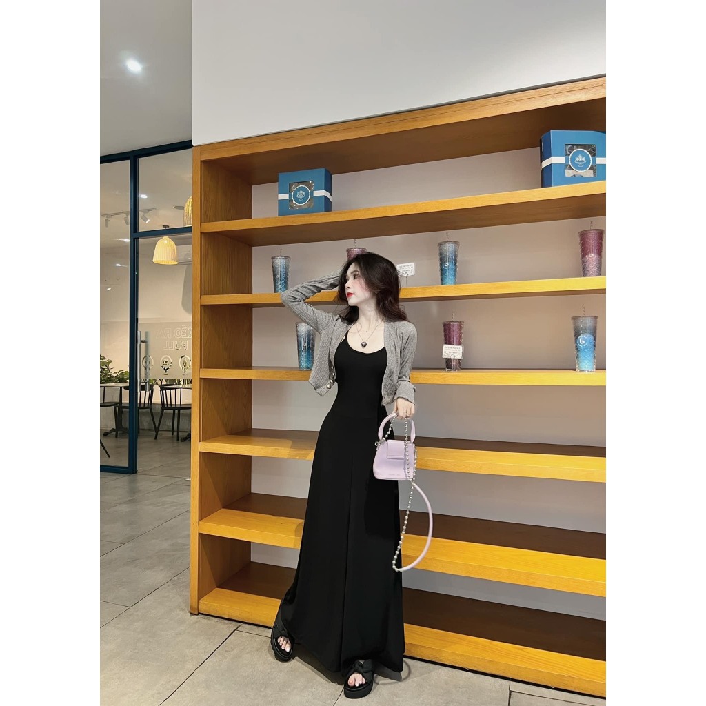 Set bộ đồ nữ váy 2 dây body thun trơn tone màu đen xòe mix áo khoác croptop tôn dáng, nhẹ nhàng dành cho các nàng yêu