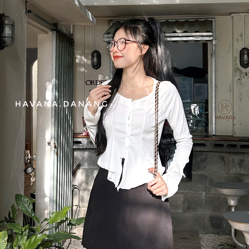 Áo kiểu sọc gân cổ tròn vạt xoè phối tay loe HAVANA, áo kiểu dài tay mùa đông BE252