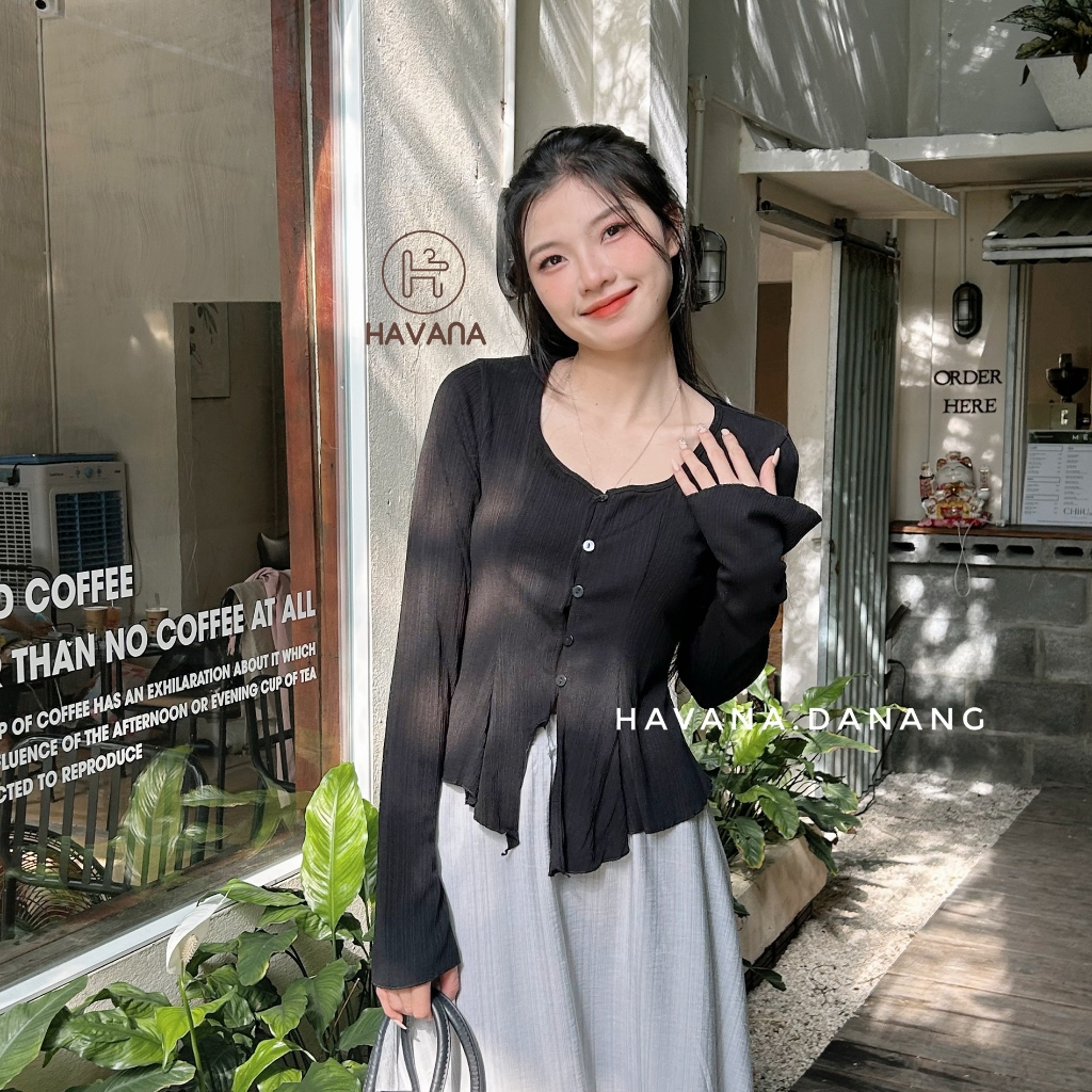 Áo kiểu sọc gân cổ tròn vạt xoè phối tay loe HAVANA, áo kiểu dài tay mùa đông BE252