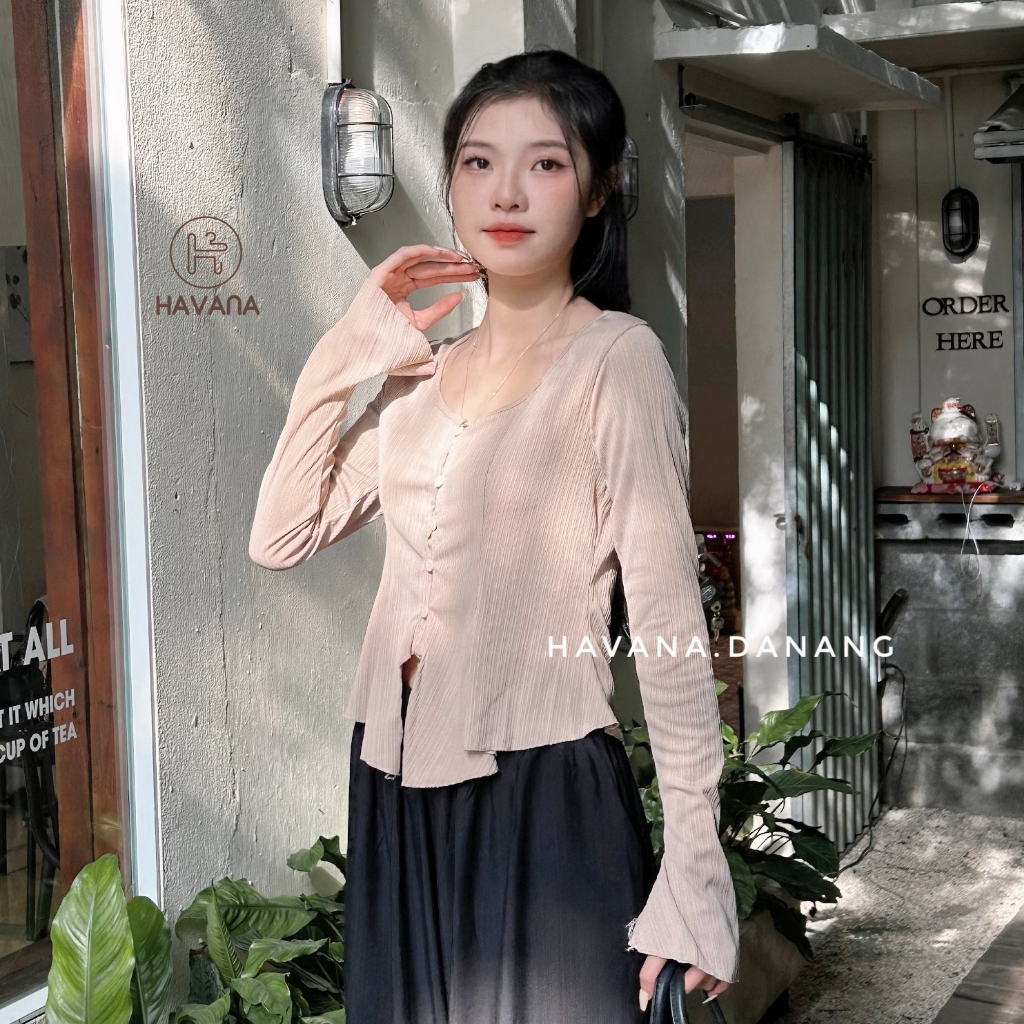 Áo kiểu sọc gân cổ tròn vạt xoè phối tay loe HAVANA, áo kiểu dài tay mùa đông BE252