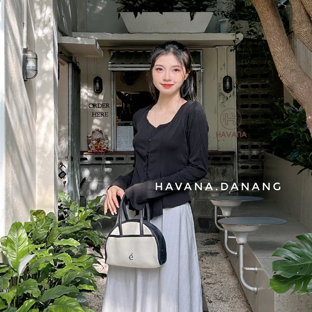 Áo kiểu sọc gân cổ tròn vạt xoè phối tay loe HAVANA, áo kiểu dài tay mùa đông BE252