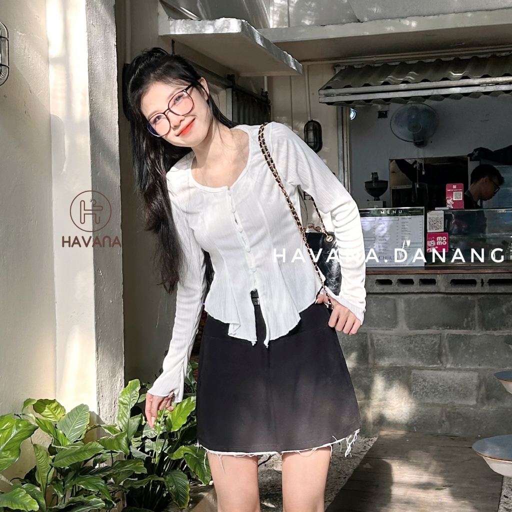 Áo kiểu sọc gân cổ tròn vạt xoè phối tay loe HAVANA, áo kiểu dài tay mùa đông BE252