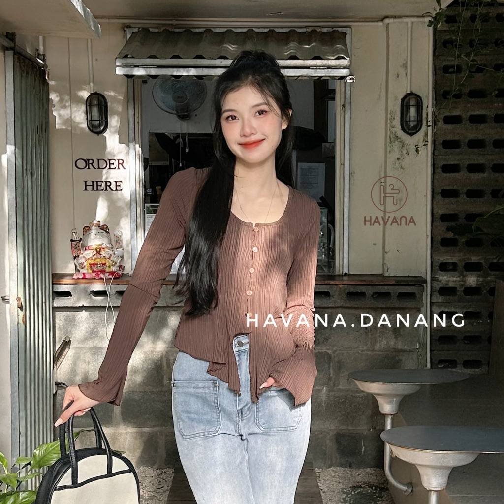 Áo kiểu sọc gân cổ tròn vạt xoè phối tay loe HAVANA, áo kiểu dài tay mùa đông BE252