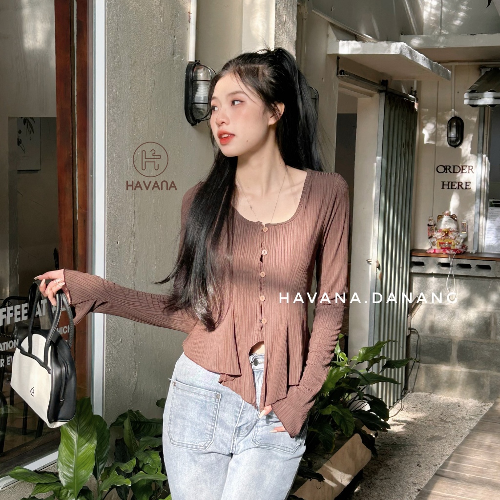 Áo kiểu sọc gân cổ tròn vạt xoè phối tay loe HAVANA, áo kiểu dài tay mùa đông BE252