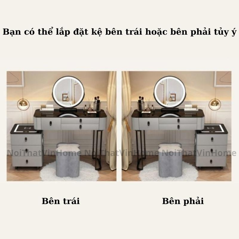 Bàn Trang Điểm Thiết Kế Thông Minh Có Sạc Không Dây, Loa Bluetooth, Gương Đèn Led Cảm Ứng 3 Màu - Nội Thất Vin Home