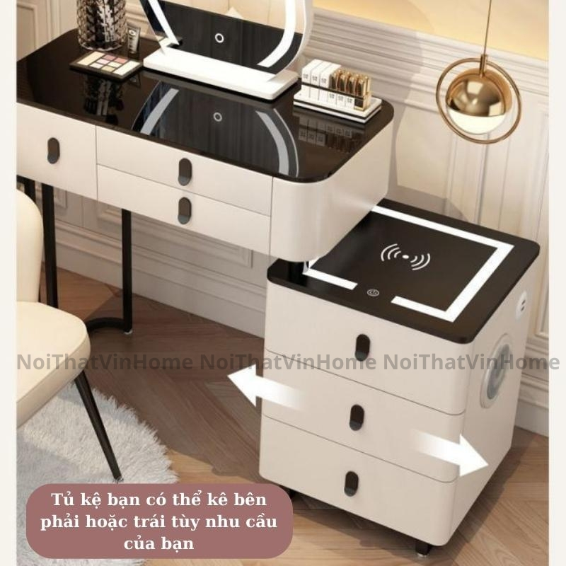 Bàn Trang Điểm Thiết Kế Thông Minh Có Sạc Không Dây, Loa Bluetooth, Gương Đèn Led Cảm Ứng 3 Màu - Nội Thất Vin Home