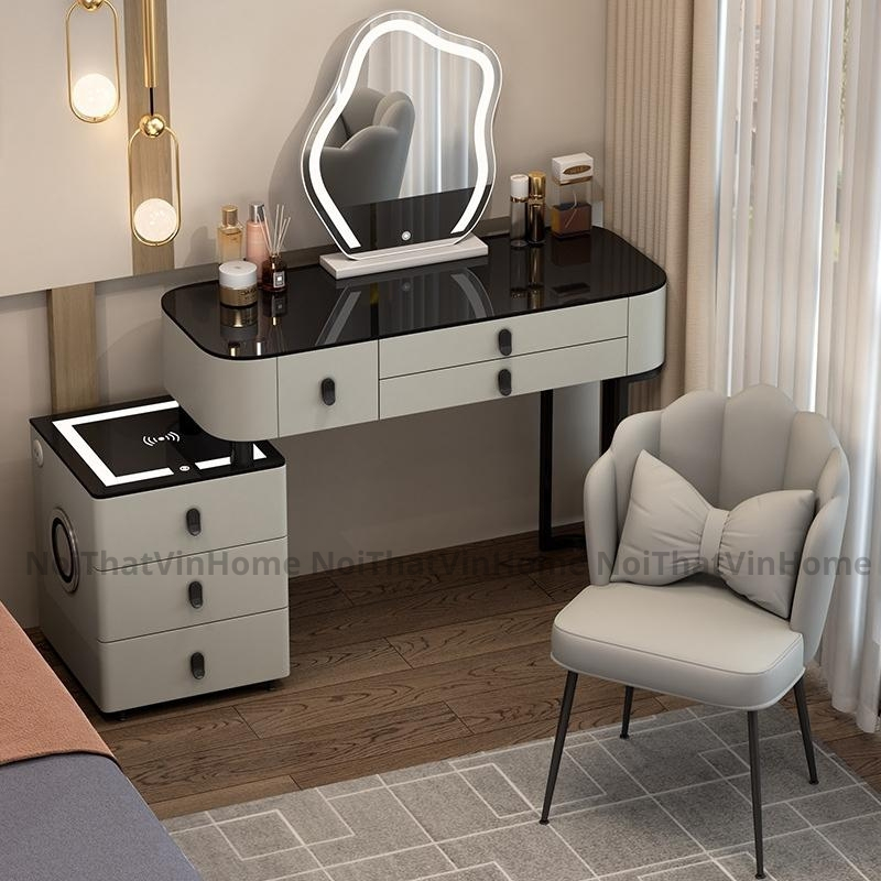 Bàn Trang Điểm Thiết Kế Thông Minh Có Sạc Không Dây, Loa Bluetooth, Gương Đèn Led Cảm Ứng 3 Màu - Nội Thất Vin Home
