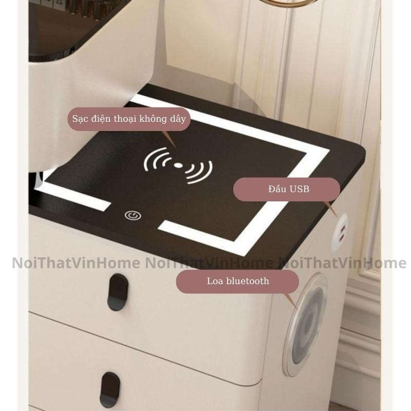 Bàn Trang Điểm Thiết Kế Thông Minh Có Sạc Không Dây, Loa Bluetooth, Gương Đèn Led Cảm Ứng 3 Màu - Nội Thất Vin Home
