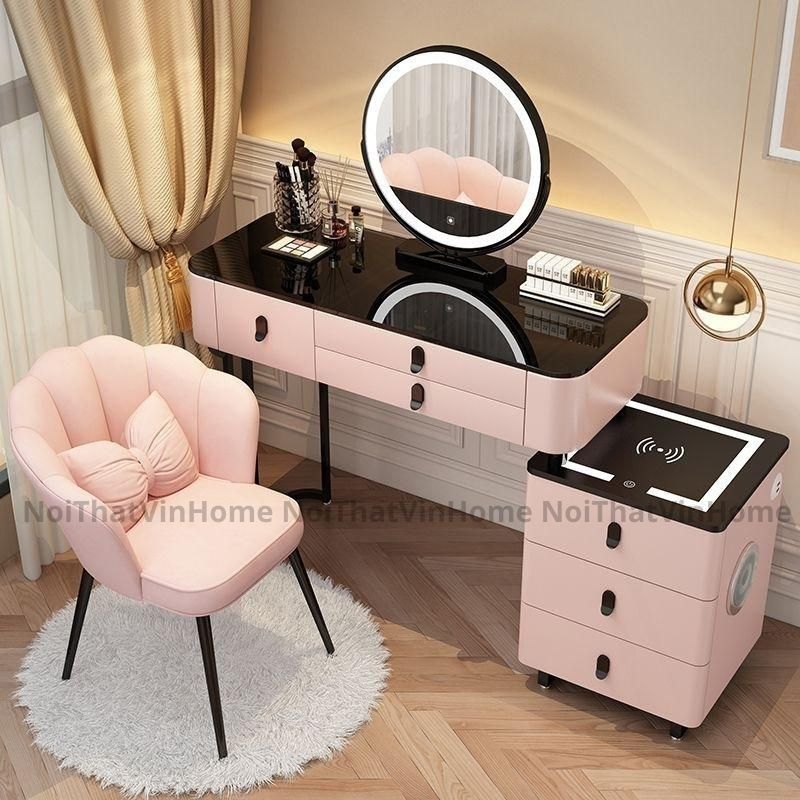Bàn Trang Điểm Thiết Kế Thông Minh Có Sạc Không Dây, Loa Bluetooth, Gương Đèn Led Cảm Ứng 3 Màu - Nội Thất Vin Home