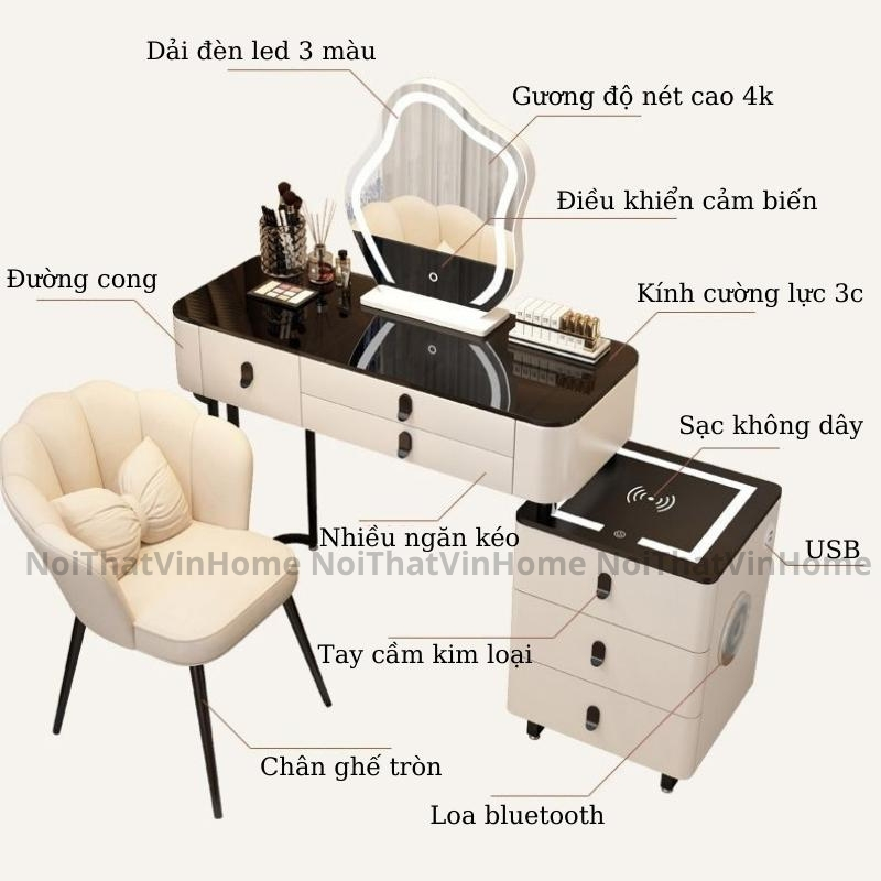 Bàn Trang Điểm Thiết Kế Thông Minh Có Sạc Không Dây, Loa Bluetooth, Gương Đèn Led Cảm Ứng 3 Màu - Nội Thất Vin Home