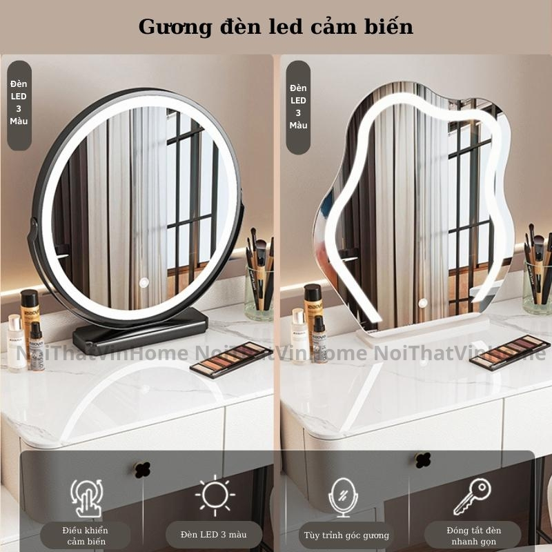 Bàn Trang Điểm Thiết Kế Thông Minh Có Sạc Không Dây, Loa Bluetooth, Gương Đèn Led Cảm Ứng 3 Màu - Nội Thất Vin Home