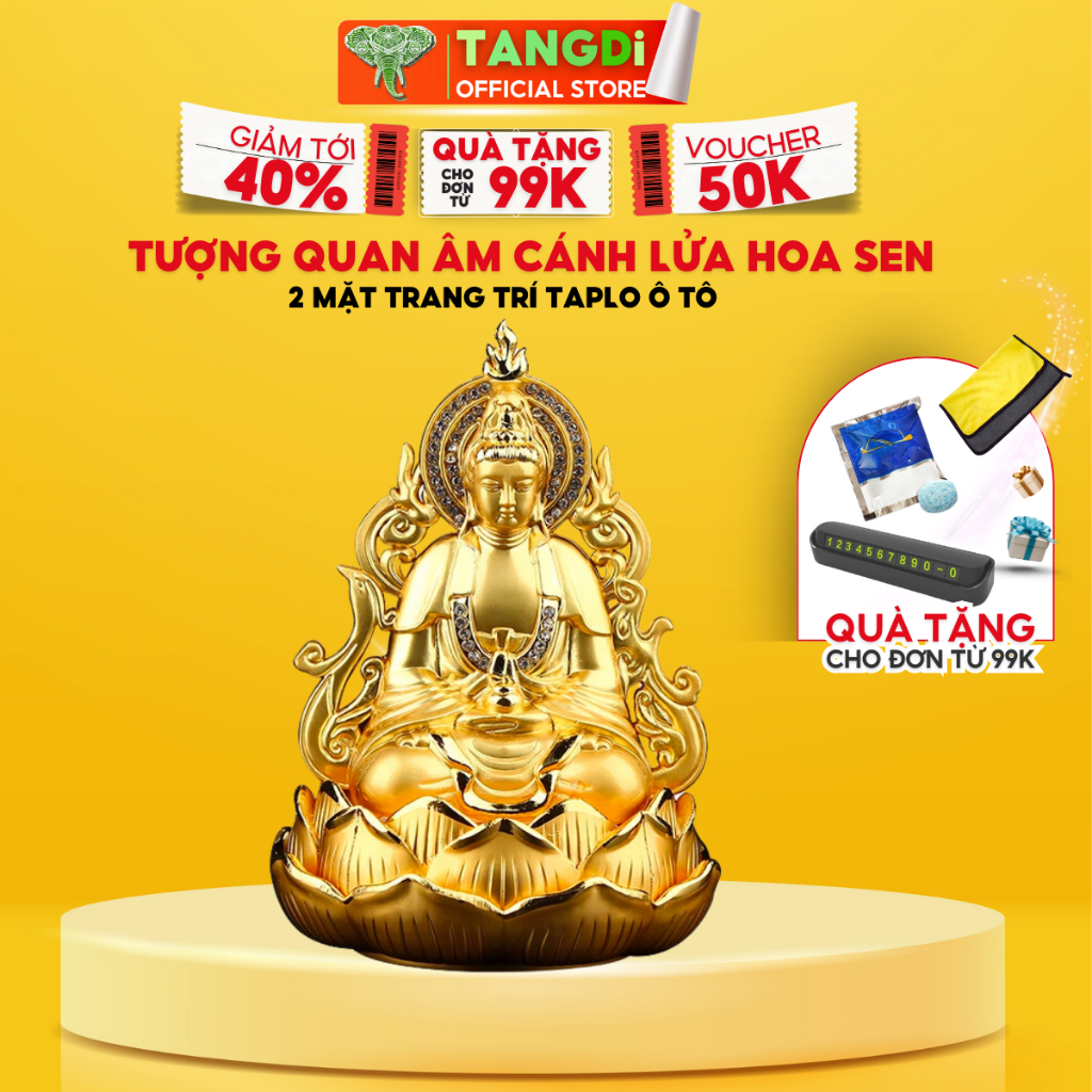 Tượng quan âm cánh lửa hoa sen 2 mặt trang trí taplo ô tô TANGDi chất liệu hợp kim mạ vàng Mã T04