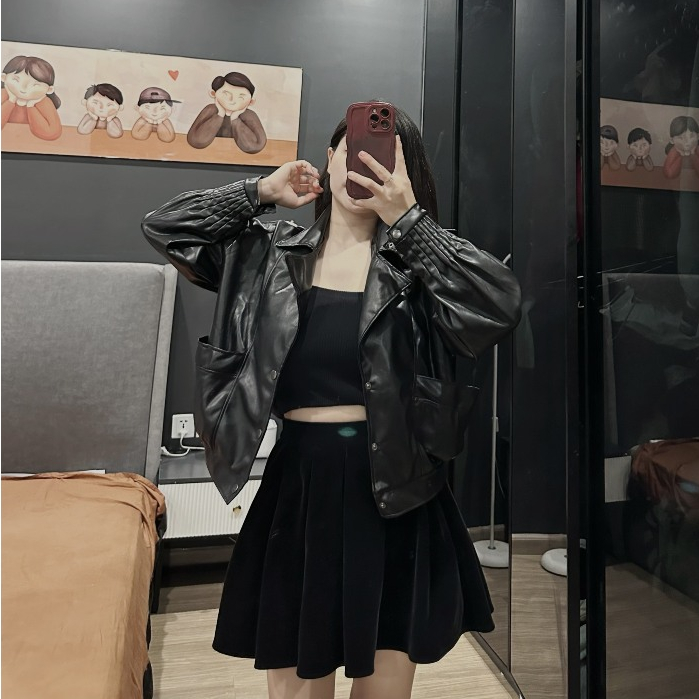 Áo khoác da nữ cổ vest dáng rộng, áo da nữ cúc bấm phong cách cá tính kiểu dáng Hàn Quốc