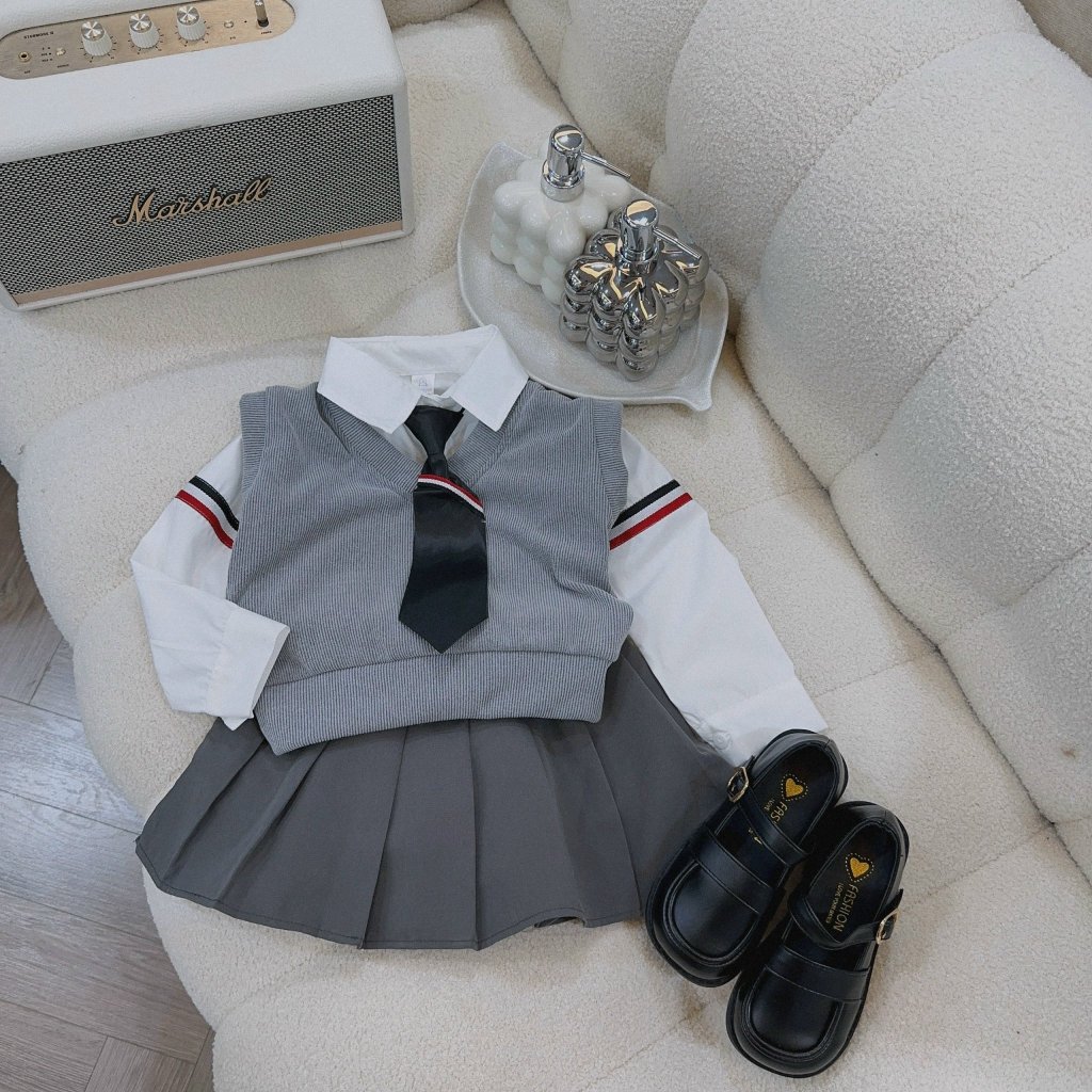 Set gile cà vạt 4 chi tiết tone xám bé gái