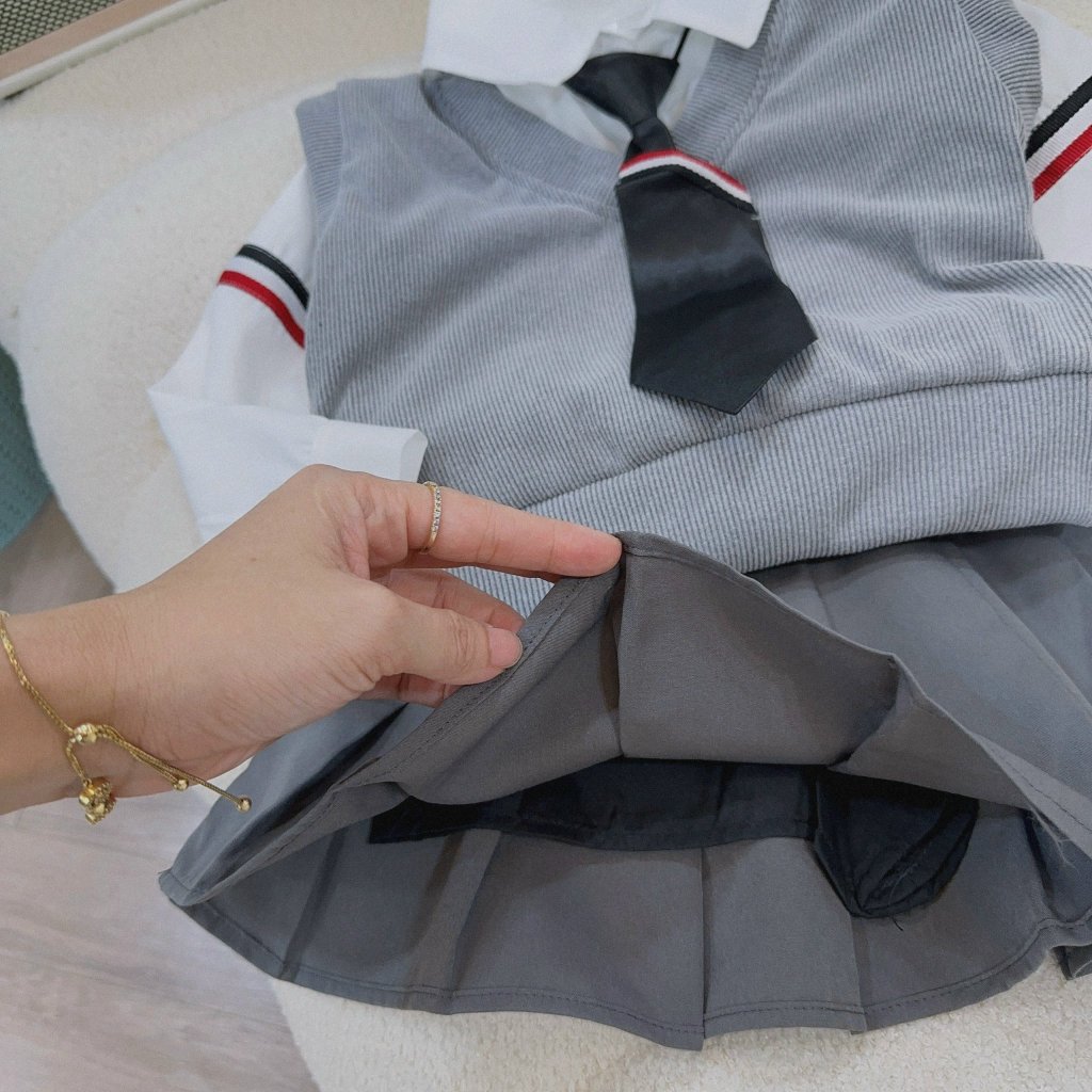 Set gile cà vạt 4 chi tiết tone xám bé gái