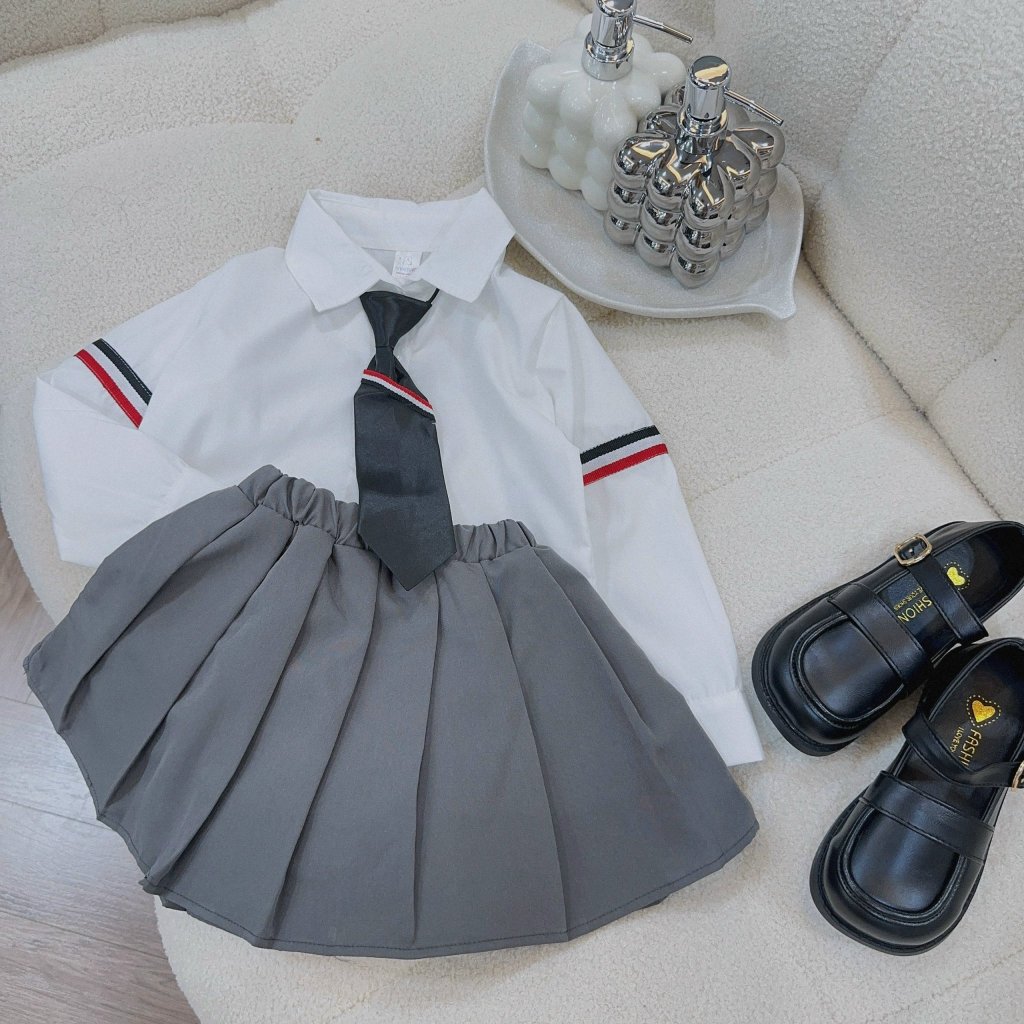 Set gile cà vạt 4 chi tiết tone xám bé gái