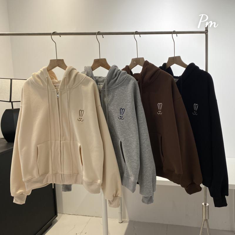 Áo khoá mũ hai lớp logo thỏ nỉ lót bông form thụng