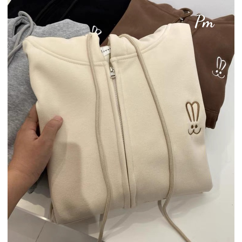 Áo khoá mũ hai lớp logo thỏ nỉ lót bông form thụng