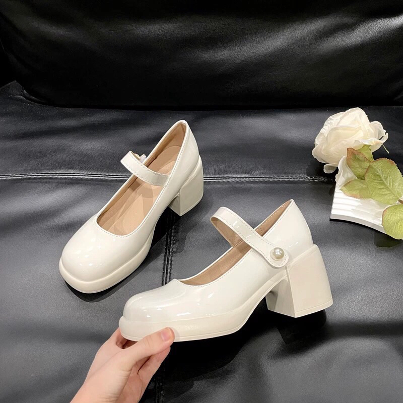 Giày búc bê da bóng đế cao 7cm Quai dán đính ngọc cao cấp