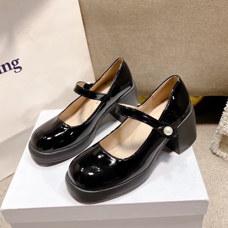Giày búc bê da bóng đế cao 7cm Quai dán đính ngọc cao cấp