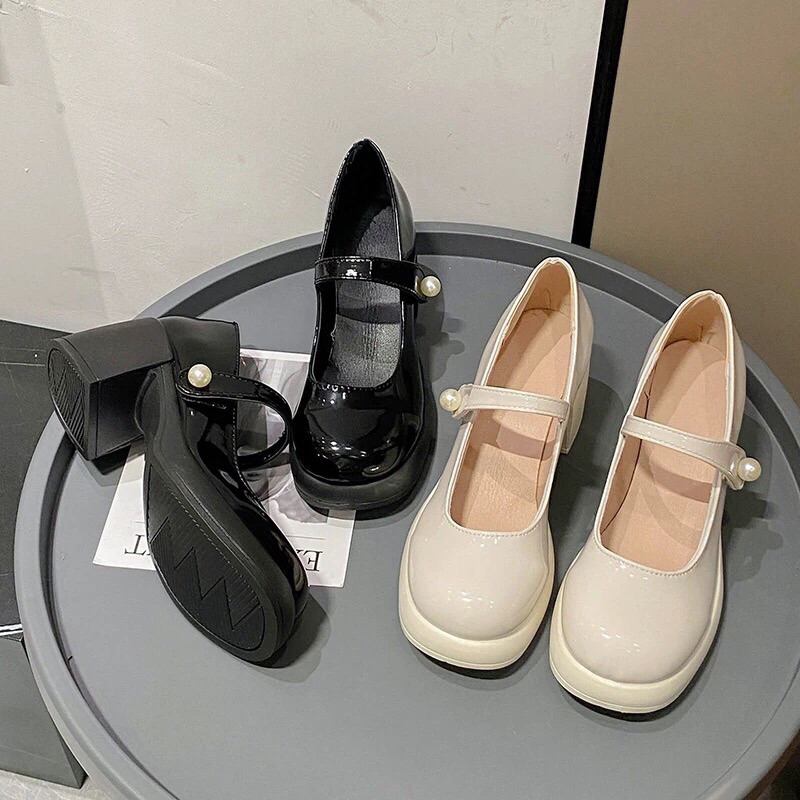Giày búc bê da bóng đế cao 7cm Quai dán đính ngọc cao cấp