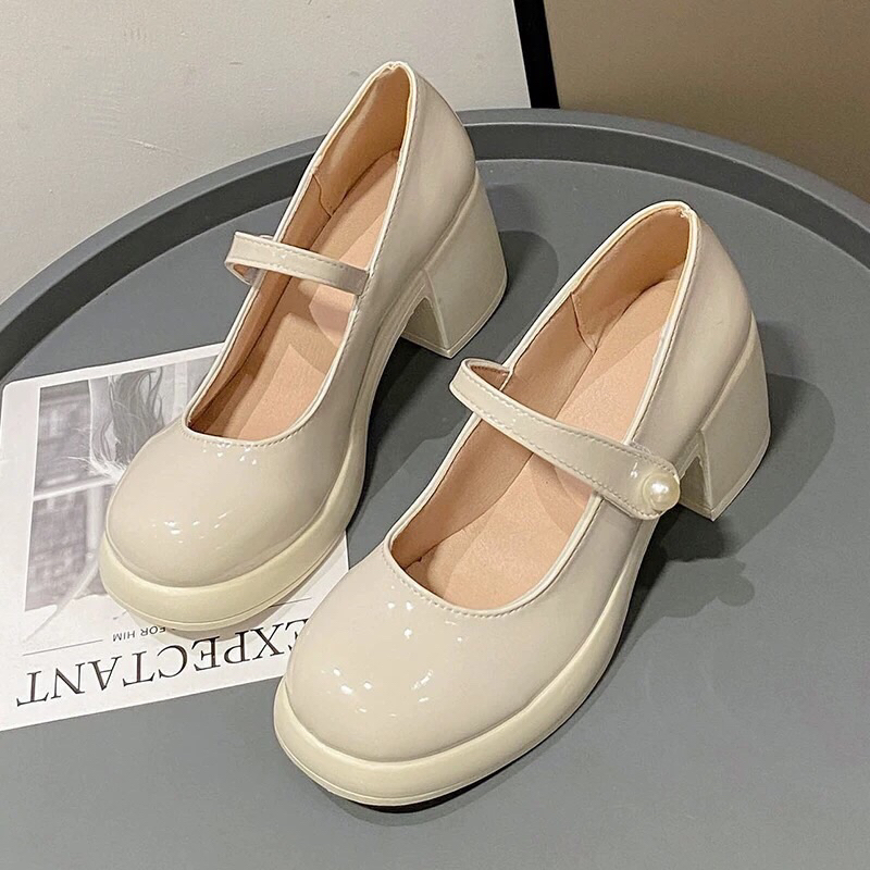 Giày búc bê da bóng đế cao 7cm Quai dán đính ngọc cao cấp