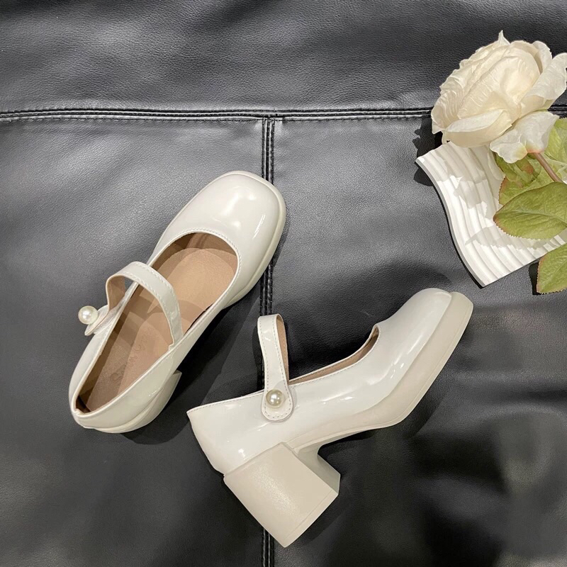 Giày búc bê da bóng đế cao 7cm Quai dán đính ngọc cao cấp