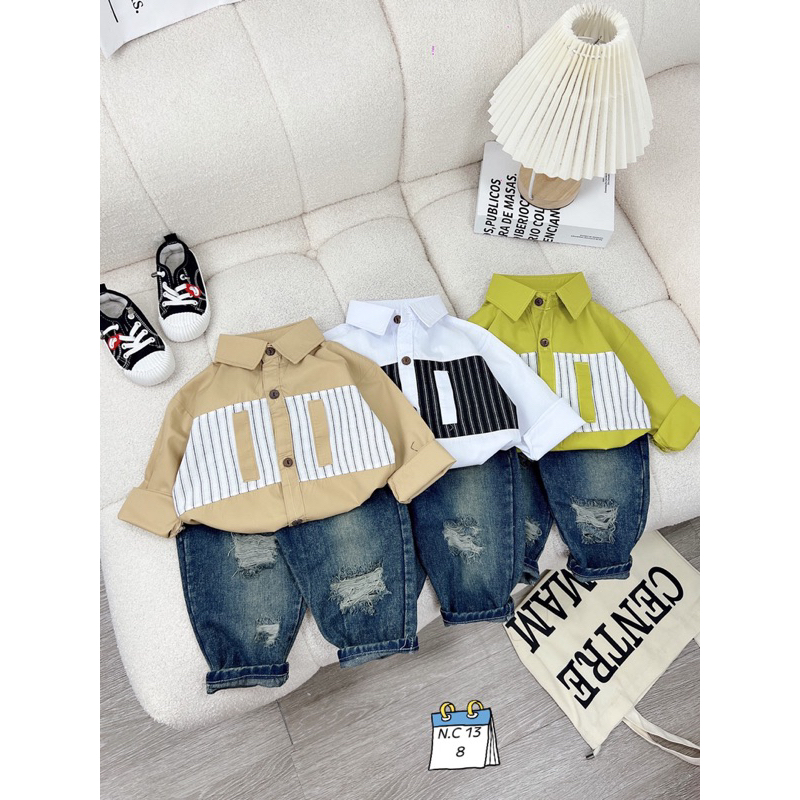 Sét bộ áo sơ mi dài tay phối quần jean dài rách cho bé trai