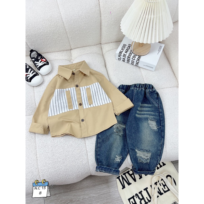 Sét bộ áo sơ mi dài tay phối quần jean dài rách cho bé trai