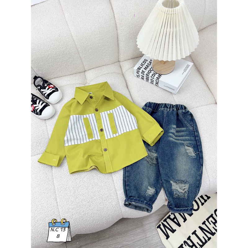 Sét bộ áo sơ mi dài tay phối quần jean dài rách cho bé trai