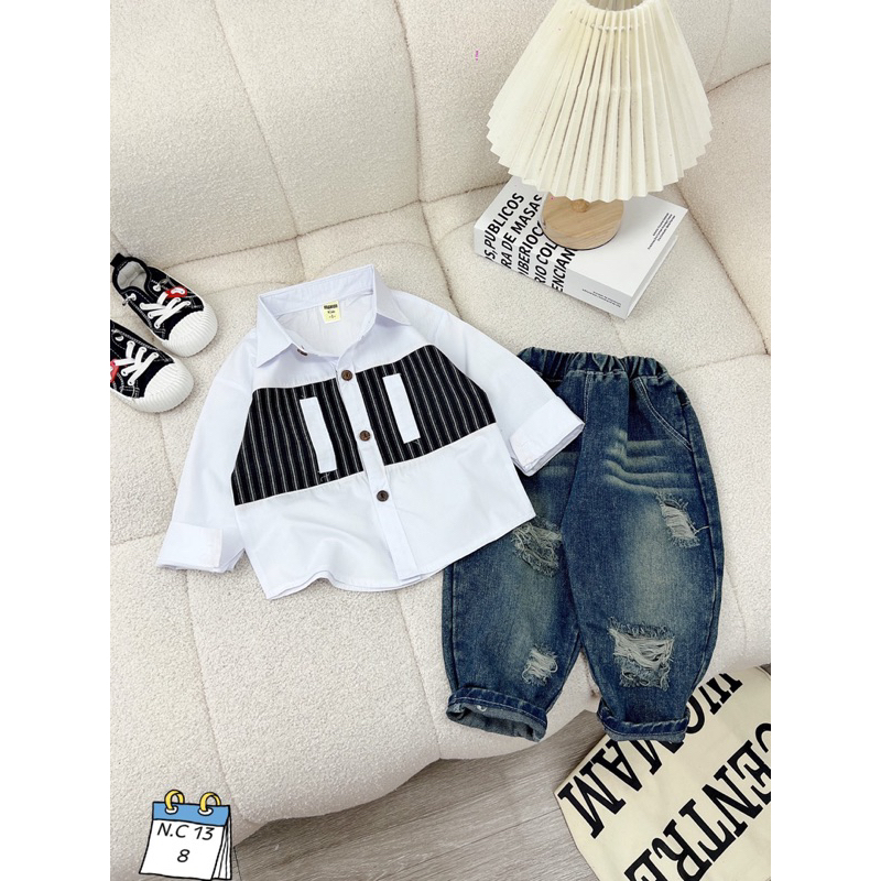 Sét bộ áo sơ mi dài tay phối quần jean dài rách cho bé trai