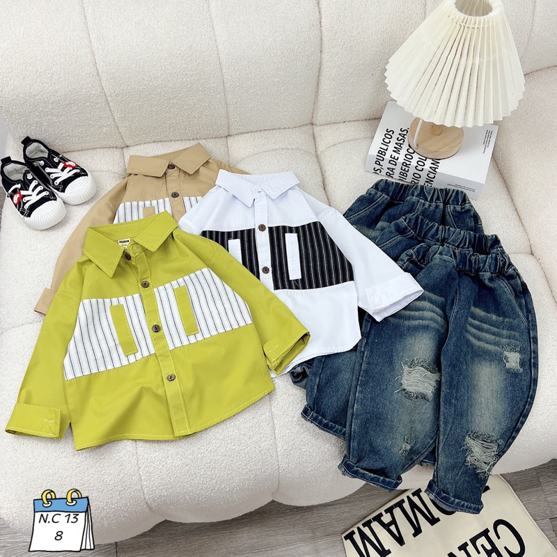 Sét bộ áo sơ mi dài tay phối quần jean dài rách cho bé trai