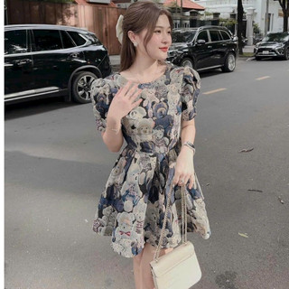 Đầm thời trang nữ dự tiệc sang trọng chất bố hoạ tiết cổ tròn tay ngắn dáng váy dài xoè midi tôn dáng trẻ trung