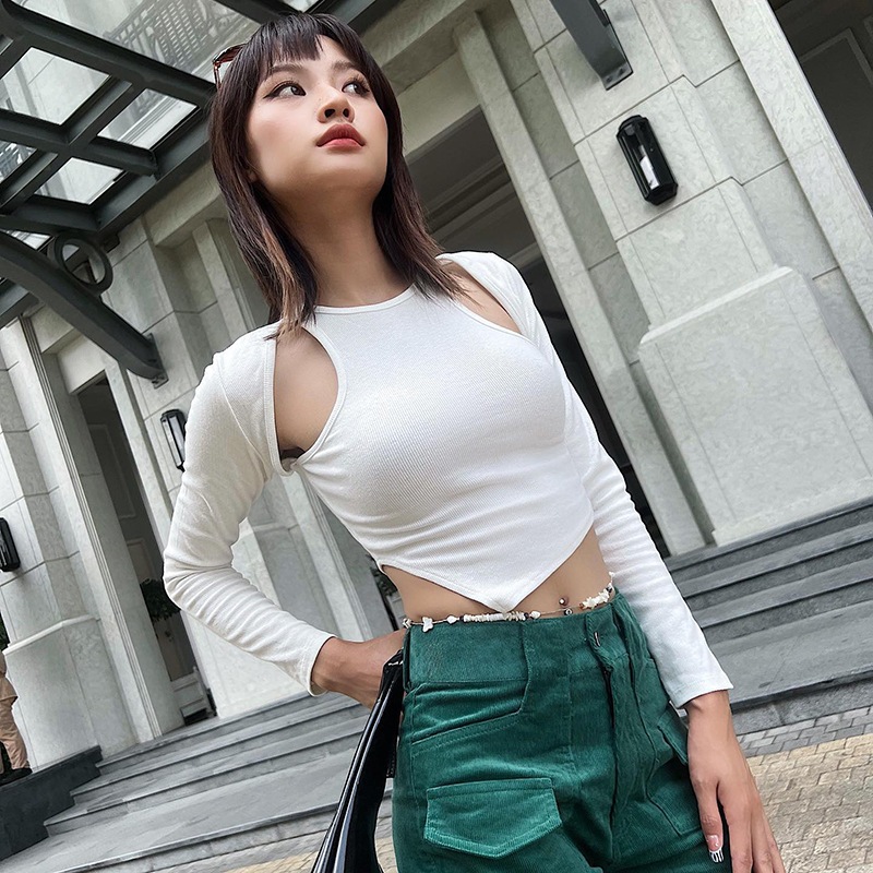 Áo Croptop Tay Dài Nữ SANJOLI Áo Kiểu Phối Ba Lỗ Thiết Kế Khoét Vai Ôm Body Sexy Đi Chơi Phong Cách Ulzzang AO011