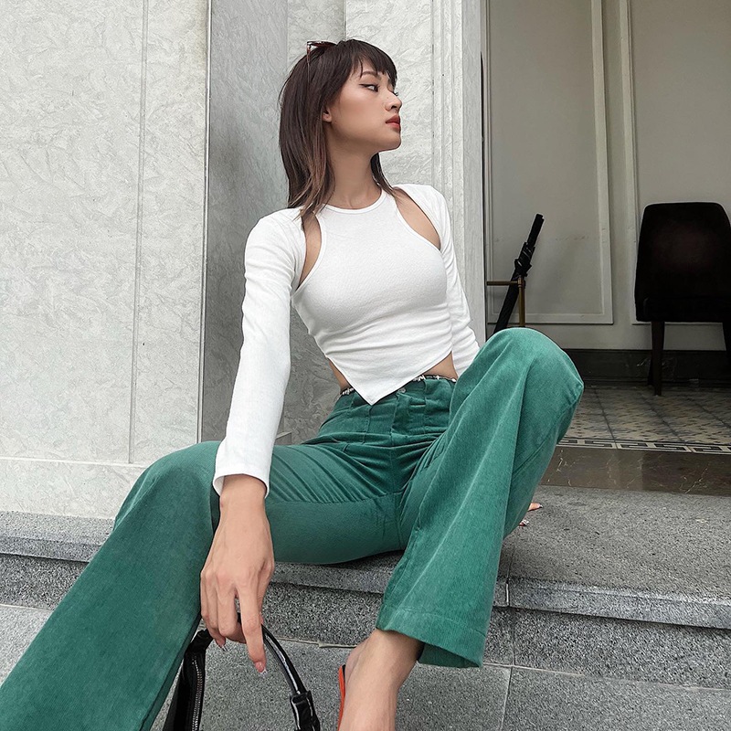 Áo Croptop Tay Dài Nữ SANJOLI Áo Kiểu Phối Ba Lỗ Thiết Kế Khoét Vai Ôm Body Sexy Đi Chơi Phong Cách Ulzzang AO011